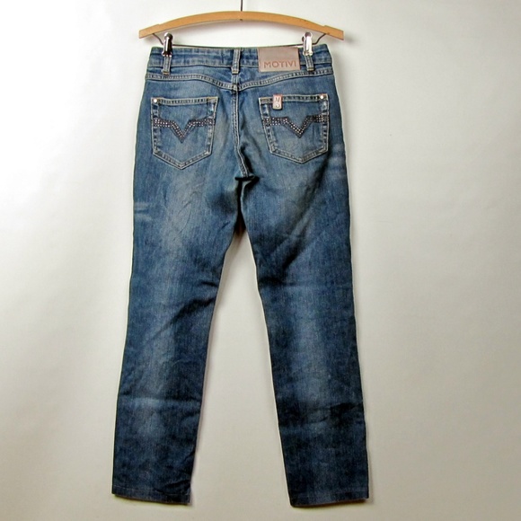 Motivi Women Jeans Size 4 Tapered Legs Low Rise Medium Wash Distress Rhinestones - Picture 5 of 8